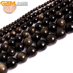 Natural Golden Obsidian Gemstone Round Loose Beads For Jewellery Making 15" GK - Picture 1 of 40