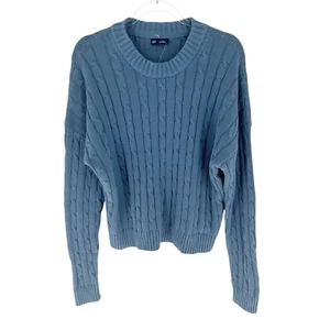 Gap Sweater Womens XL Tall Blue Cable Knit Cropped Crewneck Pullover Cotton NEW - Picture 1 of 16