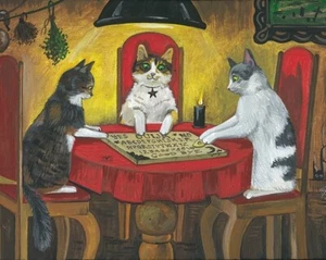 8x10 IMPRESIÓN DE PINTURA RYTA HALLOWEEN OUIJA ESPÍRITU Tablero Brujo Arte Gato Negro 🙂 - Imagen 1 de 1
