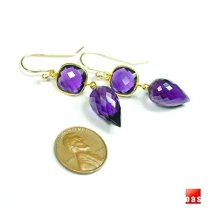 14k Yellow Gold Deep Amethyst Designer Earrings Hook Leverback - Picture 1 of 9