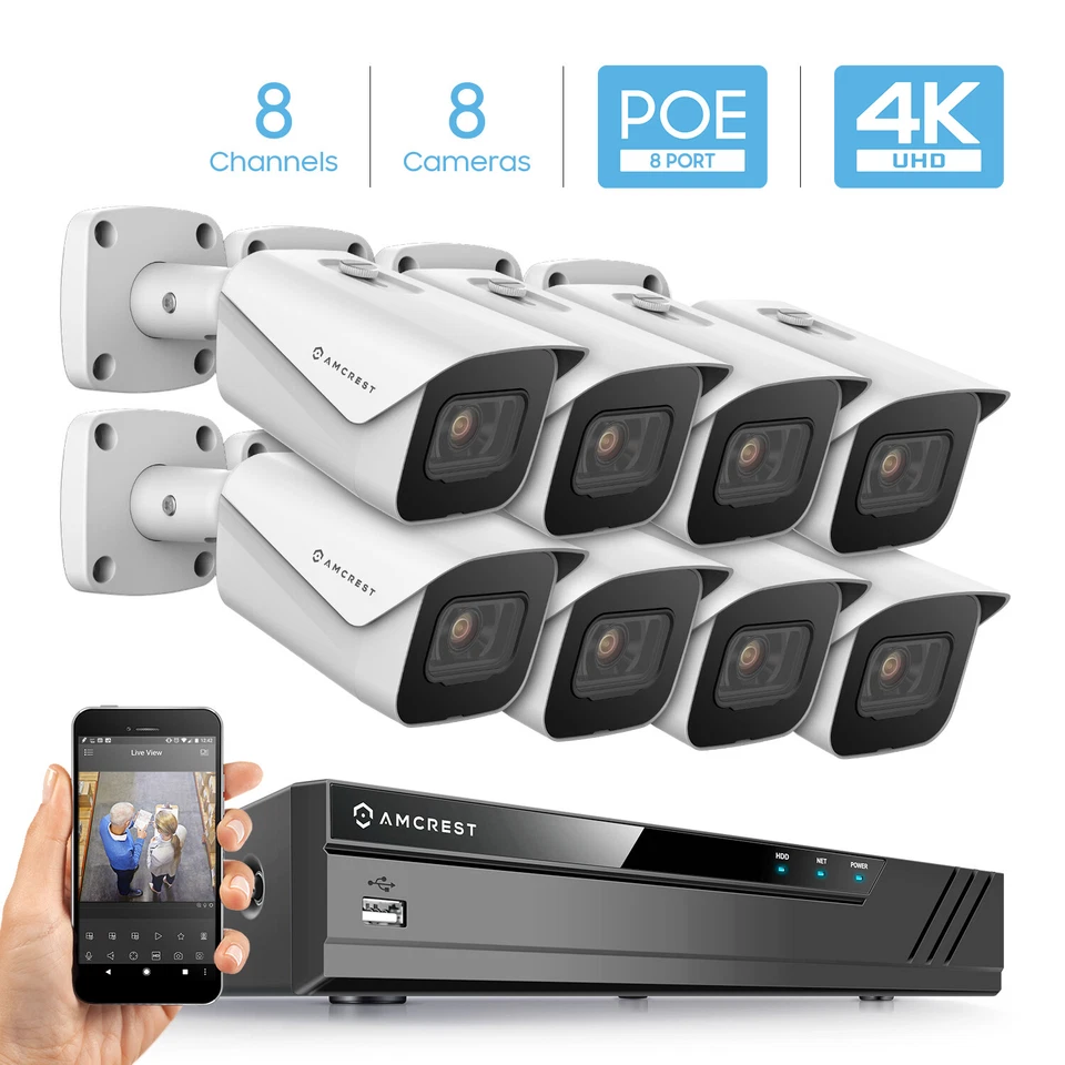 Amcrest 4K 8-Channel Security Camera System H.265 NV4108E-HS 8X IP8M-2496EW - - Image 1 of 4