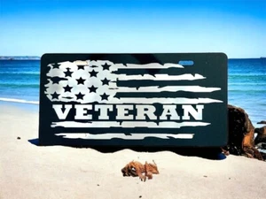 Military Veteran Flag Laser Engraved License Plate Black Metal Car Tag Gift - Picture 1 of 3