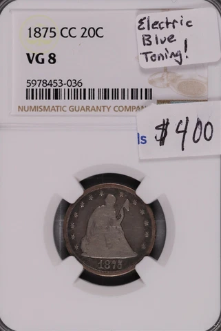 1875-CC Liberty Seated Silver 20 Cent NGC VG-8 Electric Blue Toning #3-036 Cover