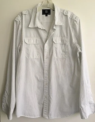 Men's Ocean Current Shirt Long Sleeve Size L White w Gray Pinstripe - Image 1 of 4