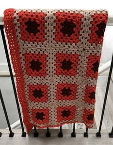 Vintage Granny Square Afghan Hand Crocheted Throw Lap Blanket Orange Brown - Picture 1 of 5