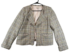 Loft Tweed Blazer Jacket Ivory Womens Size 10 Fringe Trim Open Front - Picture 1 of 11