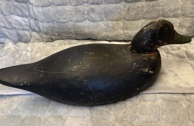 "Señuelo grande antiguo de pato negro tallado en madera original 18"" Estate ojos de vidrio sin precio base" Foto 1 de 4