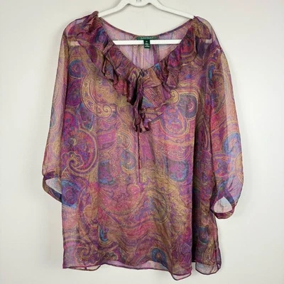 Lauren Ralph Lauren пейсли оборки шифоновое блузка женщин 3 X чистый красный фиолетовый - Изображение 1 из 4