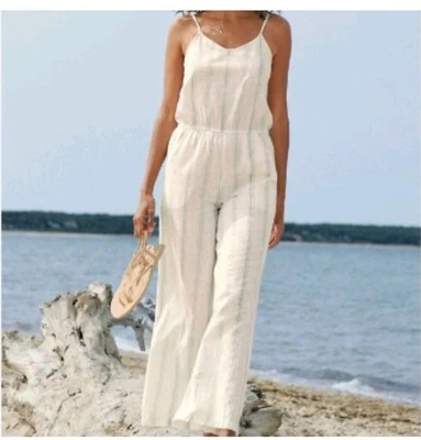 Комбинезон Garnet Hill из органического хлопка в полоску цвета слоновой кости синий широкие ноги женский XS - Изображение 1 из 4