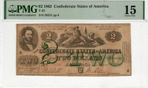 T-43 PF-1 1862 $2 Confederate Paper Money - PMG Choice Fine 15 - Scarcer type! - Picture 1 of 2