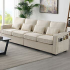 104" 4-Seater Modern Linen Fabric Sofa with Armrest Pockets and 4 Pillows