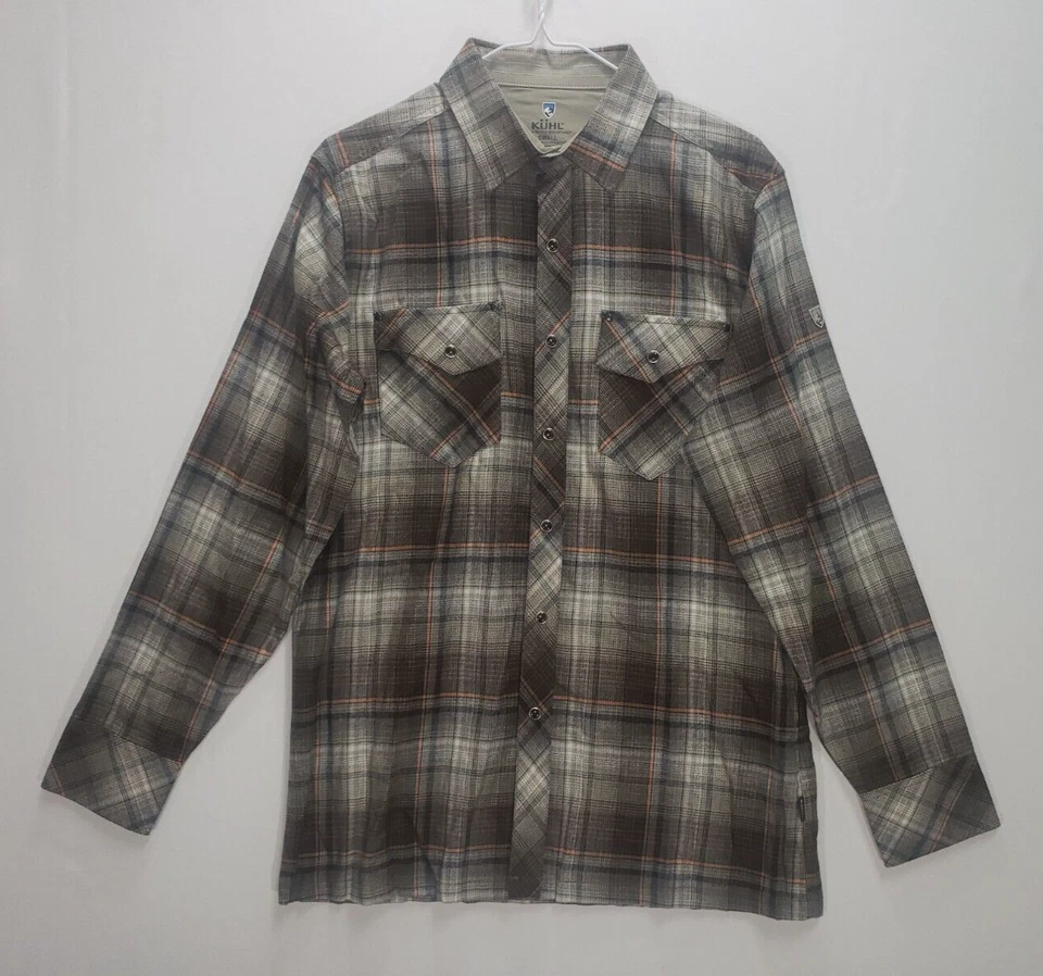 Kuhl Shirt Mens SMALL Flannel Pearl Snap Up Long Sleeve Lowdown Brown