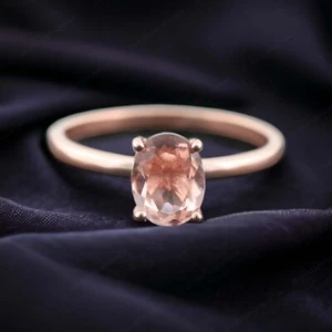 925 Sterling Silver 8x6 mm Oval Shape Natural Pink Morganite Ring Solitaire Ring - Picture 1 of 6