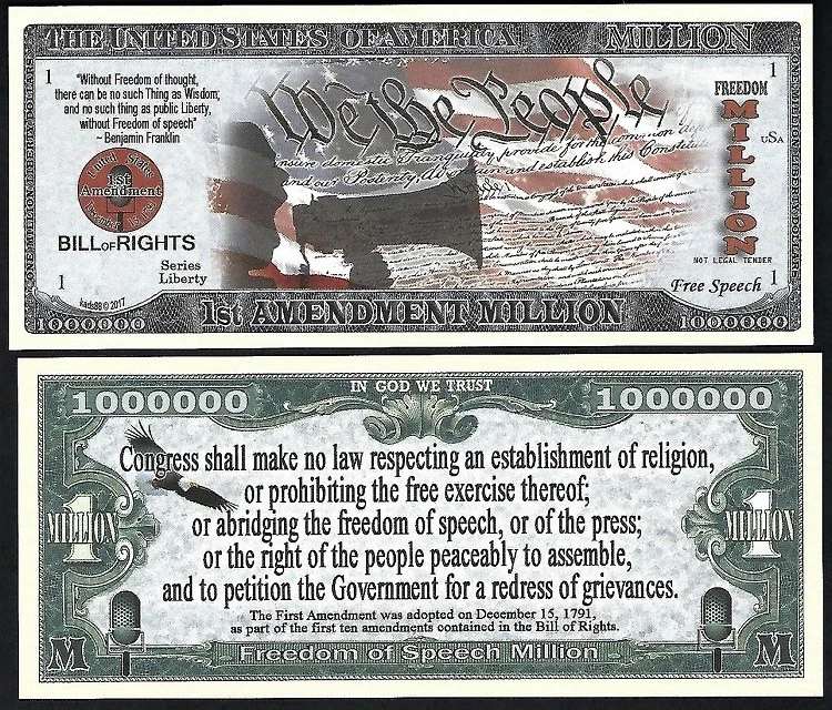 1st Amendment Freedom Speech Million Dollar Bill Play Funny Money + FREE SLEEVE
