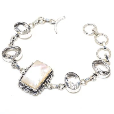 Mother Of Pearl, Topaz Gemstone 925 Sterling Silver Bracelet 7-8" A877 - Image 1 of 4