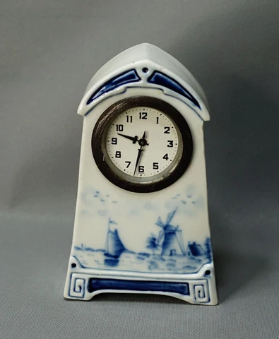 Antique Art Nouveau Delft Blue Hand Painted Porcelain Shelf Clock Dutch Scene Cover