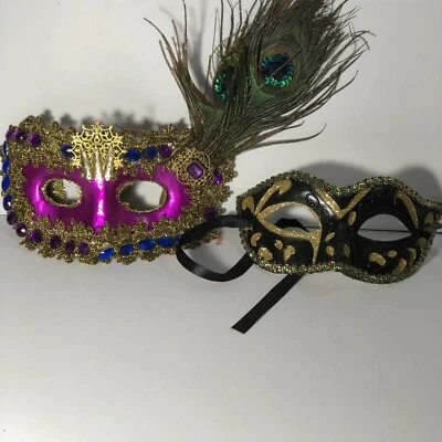 Peacock Feathers And Rubys& Black Mask With Gold Glitter Great for Mardi Gras - Image 1 of 4