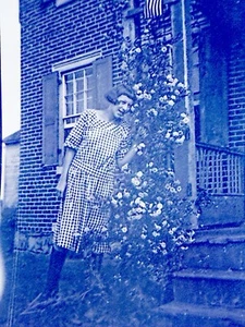 Vintage Photo Film Negative Pretty Young Woman Smelling Roses Checkered Dress - Picture 1 of 3