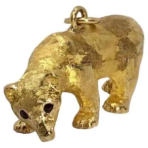 Lifelike 14K Yellow Gold Bear Pendant with 24K Gold Wash and Garnet Eyes - Picture 1 of 7