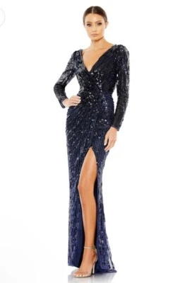 Mac Duggal Dress Gown Size 22 Blue Sequined Faux Wrap V Neck 93660 $598 - Image 1 of 4