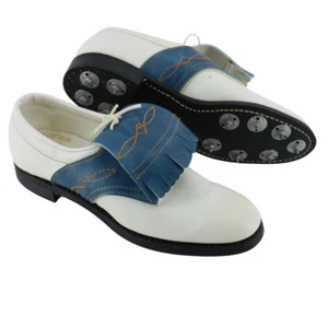 VTG Eaton Etonic Women's Leather Metal Spiked Golf Shoes White/Blue, Size 6.5 AA - Picture 1 of 8