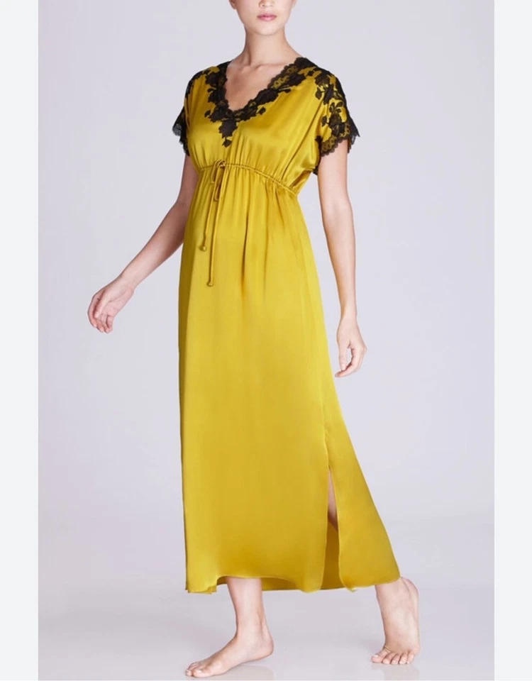 Vestido JOSIE NATORI Amarillo Negro Encaje Lolita Caftán Cordón Seda Charmeuse XS Foto 1 de 4