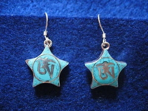 TIBETAN BUDDHISM TURQUOISE OM .925 STERLING SILVER EARRINGS INDIA - Picture 1 of 1