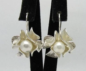 Sterling Silber Ohrringe Blumen mit Perlen massiv punziert 925 handgefertigt - Picture 1 of 2