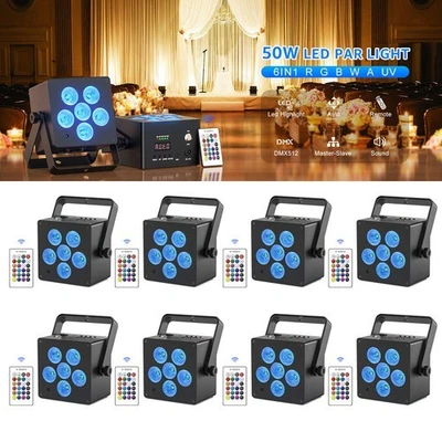 6 in 1 BATTERY PAR Rechargeable RGBWA+UV DMX DJ Stage Party Wash Light + Remote - Image 1 of 4