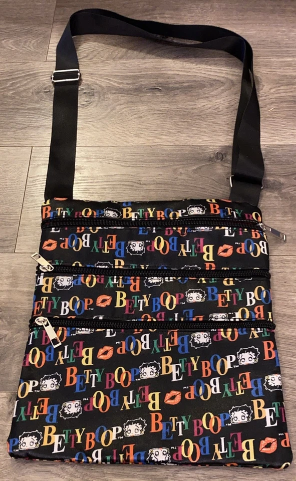Betty Boop Shoulder Bag/Crossbody Black 4 Outer Zippers Betty Boop Words Lips - Image 1 of 4