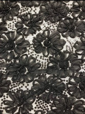 1 YD Black Floral Ribbon 2 Way Stretch Lace with Black Sequins Black Mesh Fabric - Image 1 of 4