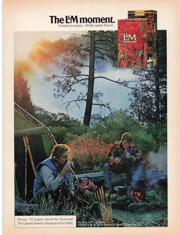 Anuncio de cigarrillos L M vintage años 70 retro hombre cueva arte de pared decoración camping 1974 Foto 1 de 1