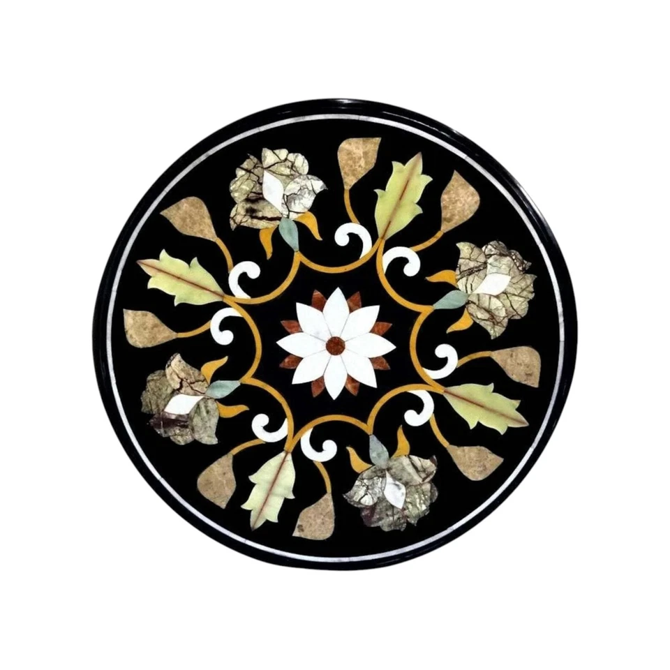 15'' antique round black Marble coffee Center Table Top Inlay living decor X-mas - Image 1 of 4