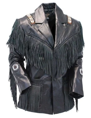 Western Cowboy Leather Jacket For Mens Real Cowhide Fringe Native American Coat - Image 1 of 3