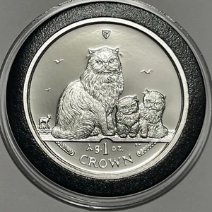 2005 Isola di Man gatti gemma prova moneta rara 1 oncia troy .999 argento fine medaglia rotonda - Foto 1 di 17