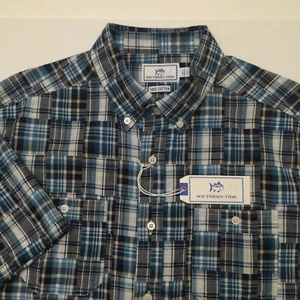 Southern Tide Dock Hemd blau kariert Patchwork Stretch kurz Slvs Knopf Herren L - Bild 1 von 8