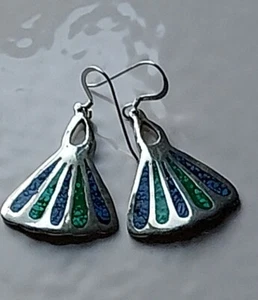 Dancing Mexico Alpaca Silver Earrings Green Turquoise Chips .925 Earwires +Bag - Picture 1 of 7