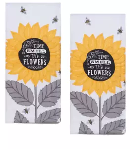 2 Sunflowers, Bees TAKE TIME TO SMELL THE FLOWERS Dual Purpose Kitchen Towels - Picture 1 of 1