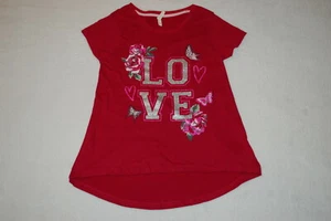 Girls S/S T-Shirt DARK RED "LOVE" Roses Hearts Butterfly PINK SLVR GLITTER Sz XL - Picture 1 of 2