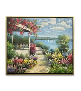 Hungryartist - Originalgemälde des Gartenblicks am Meer auf Leinwand 20x24 gerahmt - Bild 1 von 6