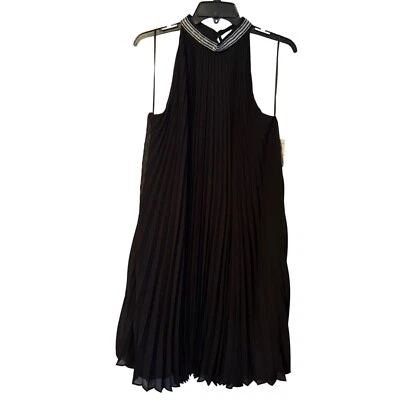 Vestido halter plisado negro Carmen Marc Valvo con cuello de estrás talla XL Foto 1 de 4