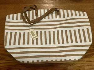 NEW Mud Pie Beach Bag Tote Handbag Large Overnight Burlap White Stripes - Picture 1 of 12