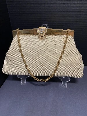 Whiting & Davis Ivory Metal Mesh Crystal Evening Bag With Chain Vintage - Image 1 of 4