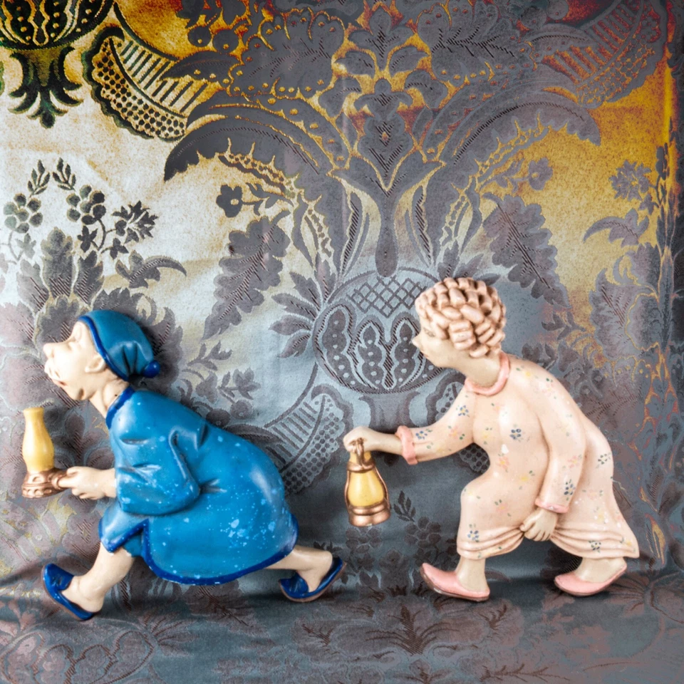 1940's Old Couple Man Woman Walking with Lantern Vintage Wall Plaque - Image 1 of 4