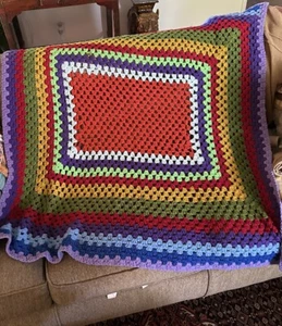 Vtg Afghan Crochet Knit Throw Blanket Rainbow Multicolored 54x43 Granny Square - Picture 1 of 8