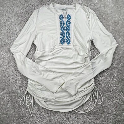 CabanaLife Ruched Rashguard Swim Cover Up White Blue Womens Medium - Image 1 of 4