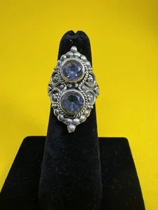 Belle bague en argent sterling 0,925 filigrane deux pierres topaze mystique, taille 6 - Photo 1 sur 7