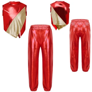 Kids Girls Set Sports Outfit Workout Suit With Pants Sleeveless Metallic Shiny - Picture 1 of 70