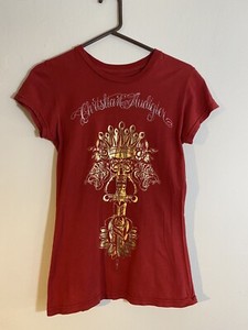Christian Audigier Y2K SZ M Red Tarot Card Graphic Tee T-Shirt Wings/Crown/Sword