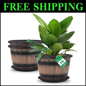 Elegant Large 3-Pack 16 Inch Whiskey Barrel Planters with Drainage and Saucer - Picture 1 of 9